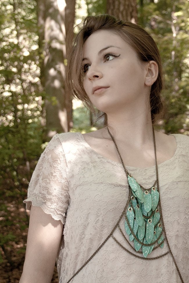 Boho breastplate plastron with blue ice leather feathers - pagan poetry's best seller