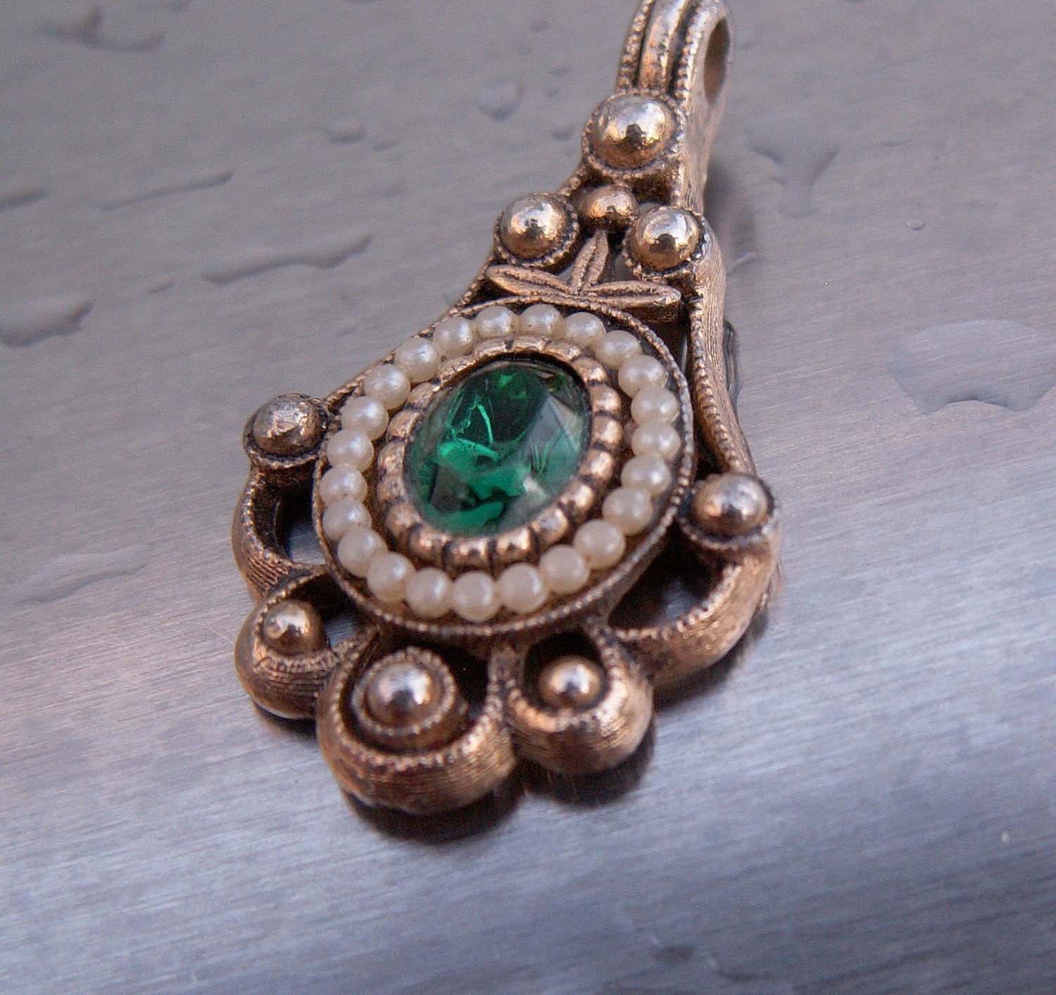 Vintage Pendant AVON Edwardian Style Green Emerald Seed Pearls