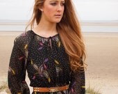 Dorothee, French Vintage, 1970s Long Sleeved Black Floral Print Midi Dress, from Paris