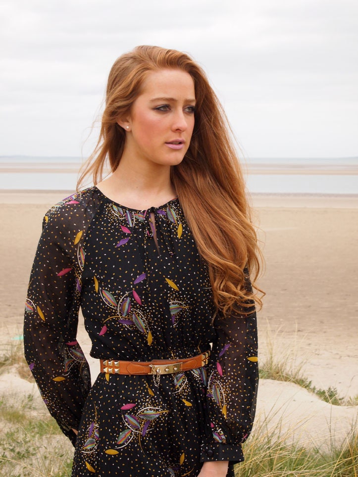 Dorothee, French Vintage, 1970s Long Sleeved Black Floral Print Midi Dress, from Paris