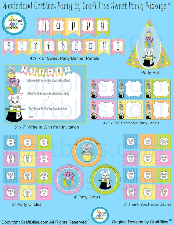 Alice in Wonderland Party Wonderland Critters Digital Party - Cheshire Cat - White Rabbit - House Mouse Wonderland Invitation Il_570xn