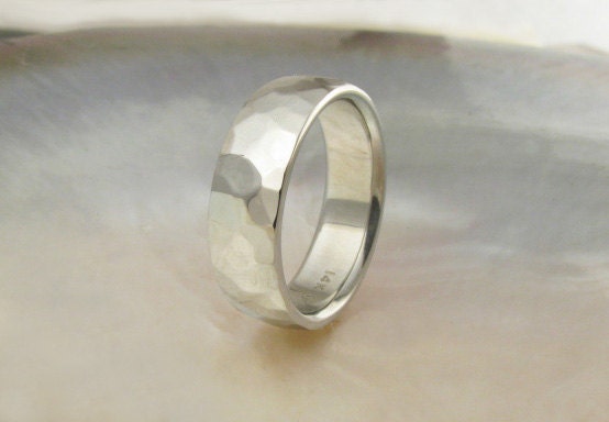 white gold ring -- 6mm hammered low dome wedding band for men or women