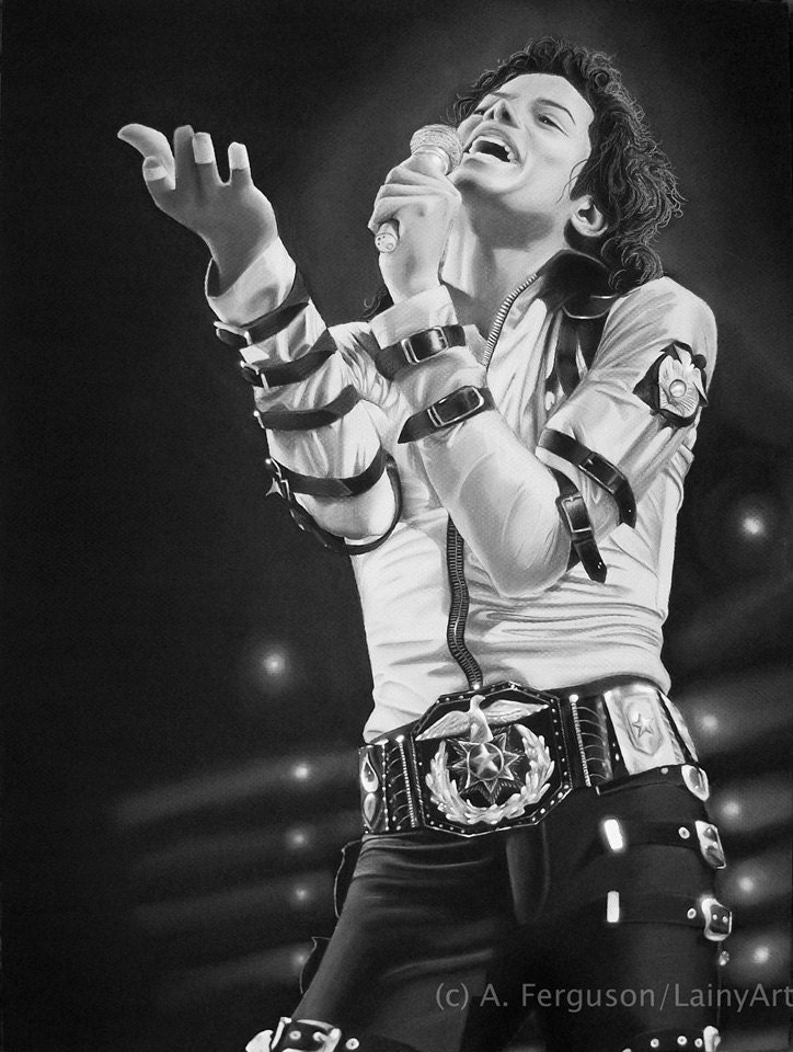 Michael Jackson BAD tour - 11x14 Stretched canvas print - Ready to Hang - charcoal drawing, black and whte, live, belts, buckles, singing