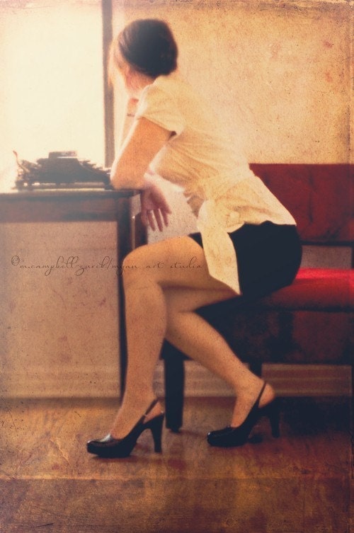 photography portrait, Prayer for the Wild at Heart Kept in Cages, sad melancholy crimson woman typewriter office heels, ELLE girl Korea