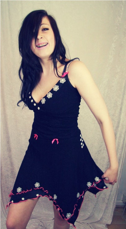 Black Dress, Neon, Pink, White, Sparkly, UV, Pixie, Skirt, Handkerchief, Daisy, Bows, Ladies, Lolita, Rave, Clothing, Size, S, Small, OOAK
