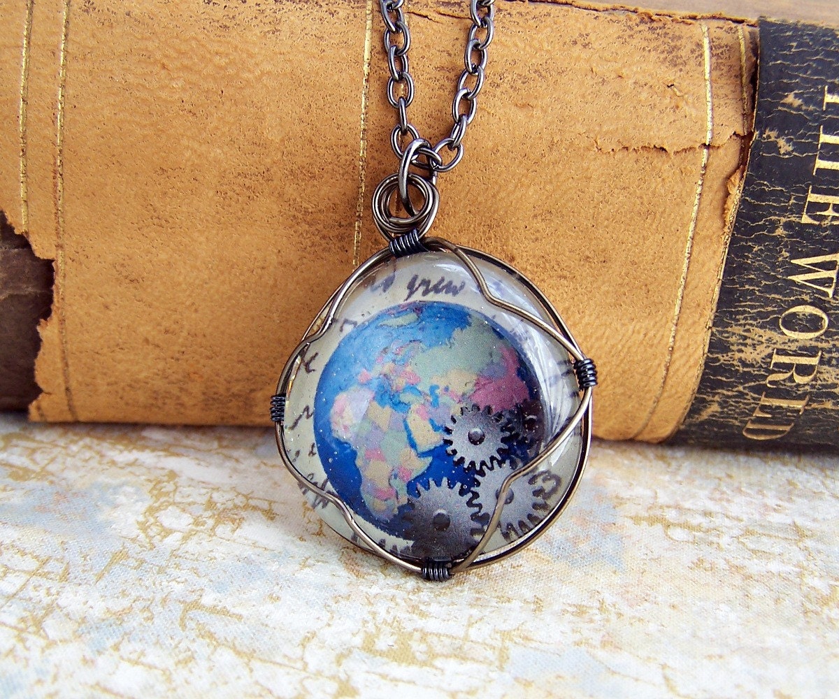 Steampunk Globe Pendant - Blue Earth Necklace with Gears - Steampunk Jewelry - Ready to Ship