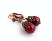 Deep Red Earrings with Antique Copper - Cranberry Earrings - Christmas Jewelry