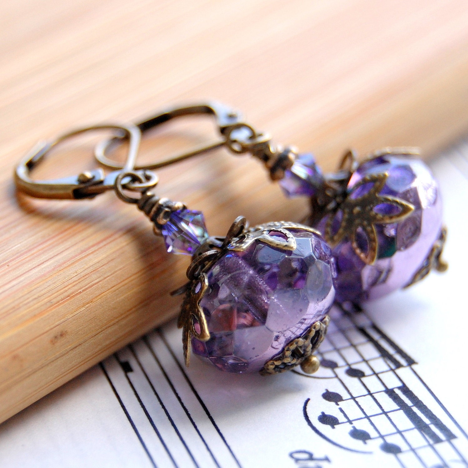 Violet Purple Glass Earrings, Vintage Style, Faceted Czech Glass Rondelles, Antique Brass Leverback, Swarovski Crystal