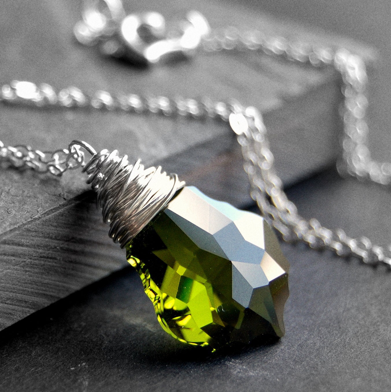 Olive Green Crystal Necklace, Olivine Swarovski Crystal Wire Wrapped Baroque Pendant, Sterling Silver Chain