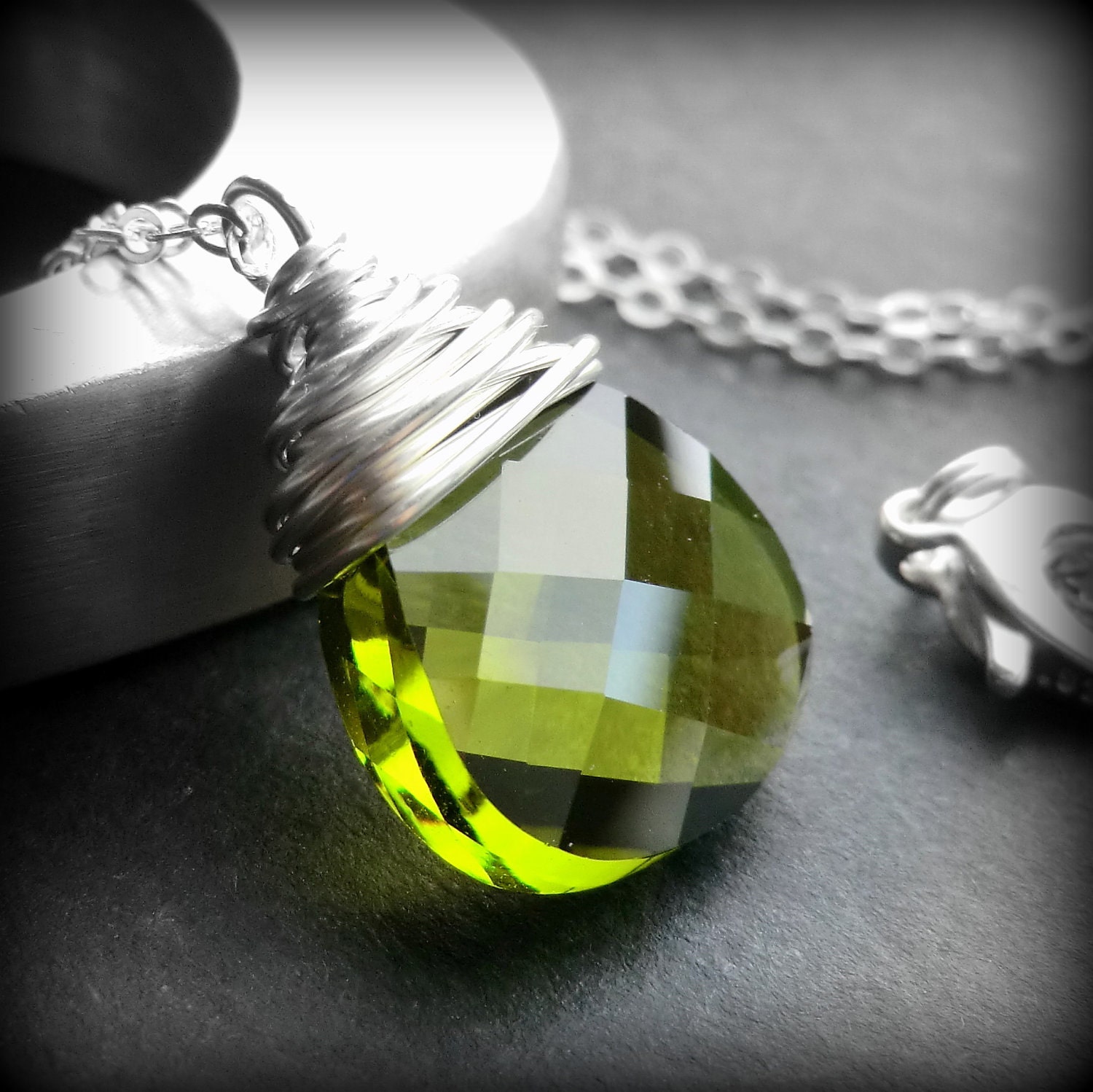 Olive Green Necklace, Olivine Swarovski Crystal Sterling Silver Wire Wrapped Flat Pear Pendant on Sterling Silver Cable Chain