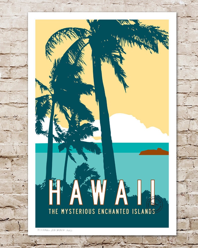 HAWAII Travel Poster Art. Personalized Vintage Inspired Handmade Print. 20 x 30