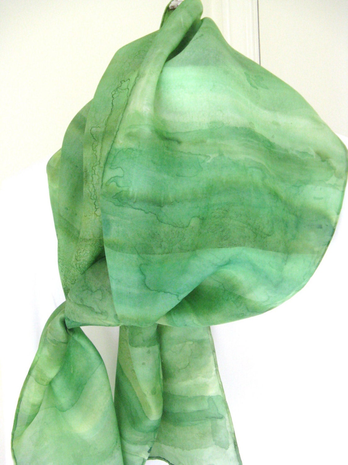 Hand painted silk scarf green mint green shades yellow green stripes 8x54 long Canada scarf