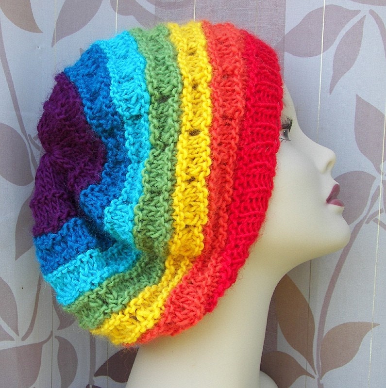Slouchy Hat Slouch Beanie Beret Rainbow Super Soft WOOL / Peruvian Wool