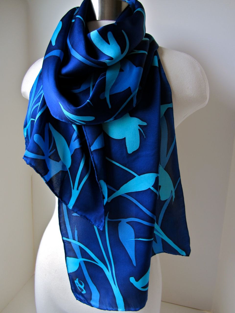 Silk Scarf, Hand Painted - Butterfly Meadows in Cobalt, Sapphire Blue - READY TO SHIP