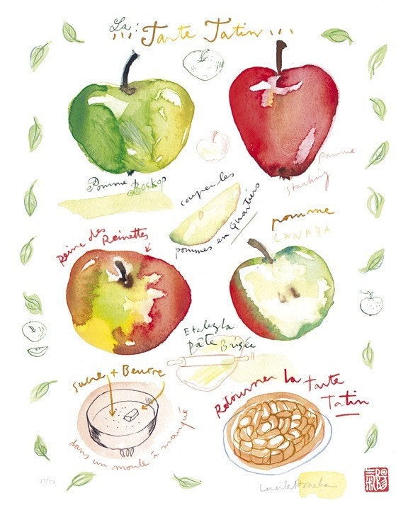 Apple pie recipe Kitchen art print French cake 8X10 Watercolor Fruit Food illustration Bakery poster Home decor