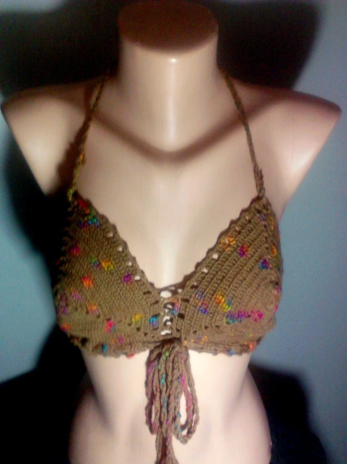 Bikini Top Tank Halter Brown Crochet Cotton Mixed Bikini Top Festival Top Swimwear Beacwear Spring Summer Fashion Women Clothing