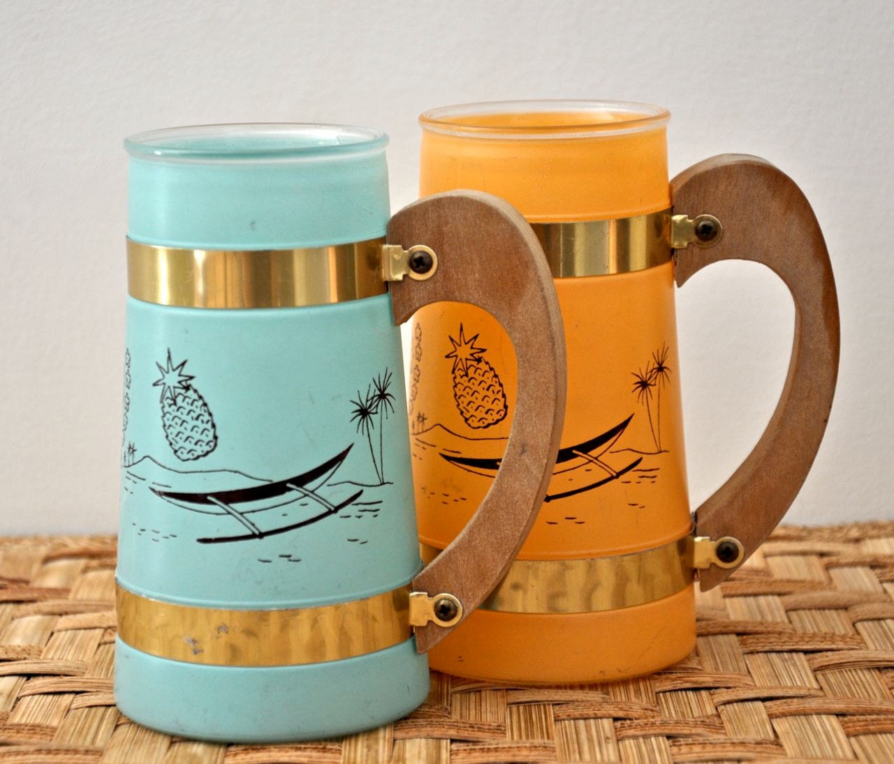 Vintage Tiki Mugs - Tropical Siestaware Cocktail Glasses - Turquoise and Mango