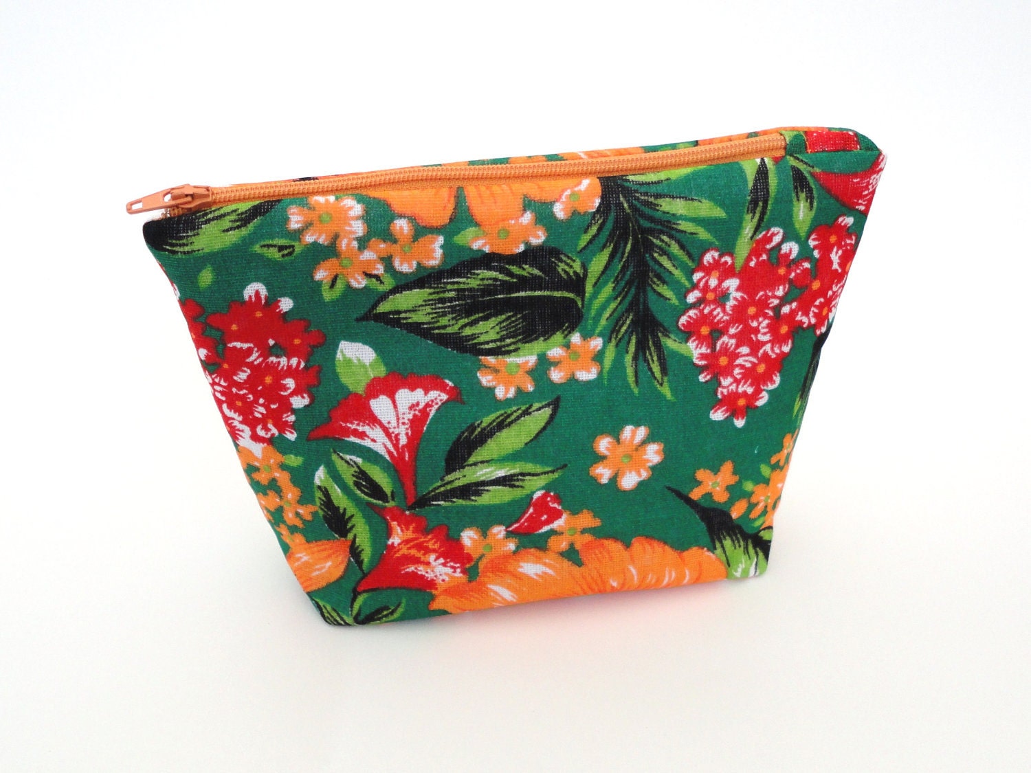 Cosmetic Bag Zippered Clutch Purse Orange and Red Jungle Flowers