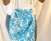 Canvas Shoulder Bag Tote Bag Aqua Blue and White Floral with Rope Handles