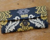 Fabric Wallet Grey and Yellow Damask with Zipper Pocket