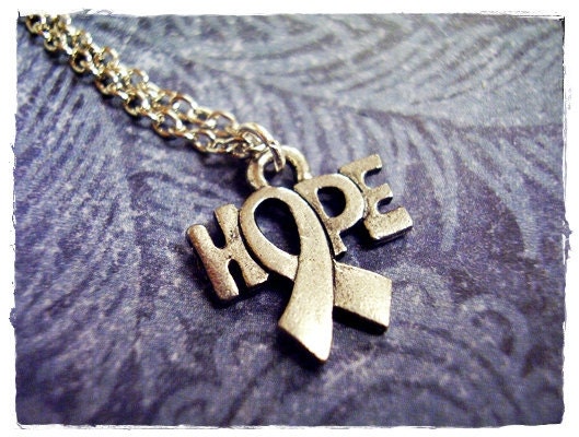 Tiny Hope Ribbon Necklace - Antique Pewter Hope Ribbon Charm on a Delicate 18 Inch Silver Plated Cable Chain