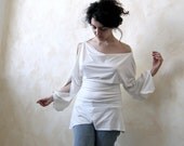 White jersey peplos long open sleeve shirt - women blouse custom made in any color