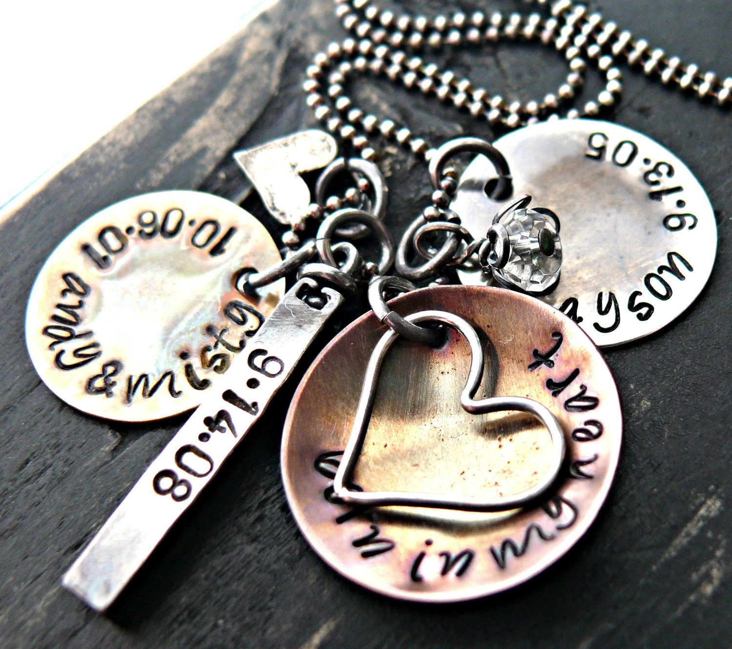 Hand Stamped Necklace - Mothers Necklace - LOTS OF HEARTS combo - Personalized Necklace - Mixed Metals - Hand Stamped Jewelry