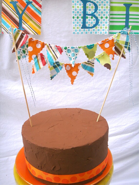 Cake Bunting - Orange, Aqua Blue, Lime Green, Brown Cake Topper Il_570xn
