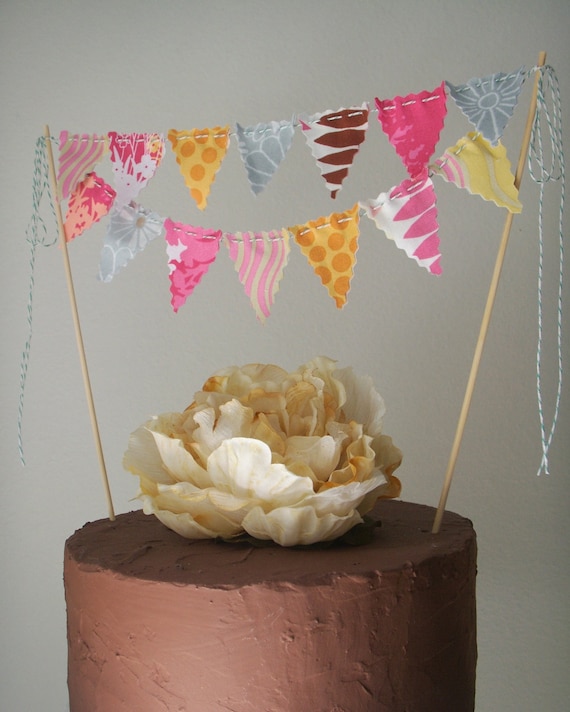 Cake Topper Bunting flags Pink, Coral, Grey, Marigold Yellow Il_570xn