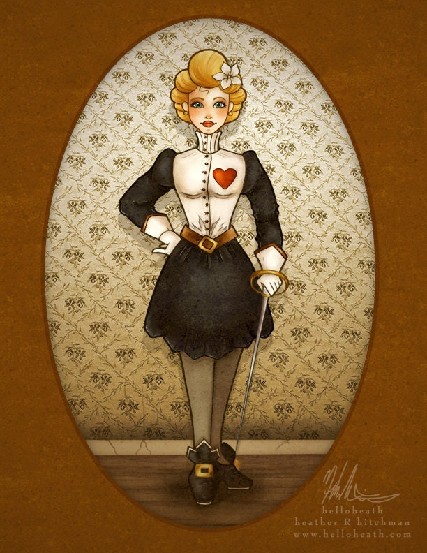 Vintage Renaissance Pin Up Style Fencer Female Illustration-2, Digital Fine Art Print 8x10