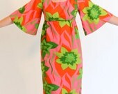 vintage 60s hawaiian flower power dress - pink green orange - small