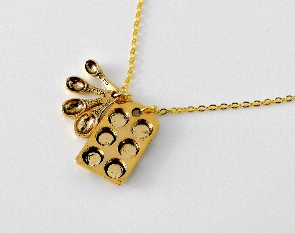 Baker Necklace, Muffin Pan Measuring Spoons charm pendant, cupcake baking, Baker, holidays gift jewelry, by balance9