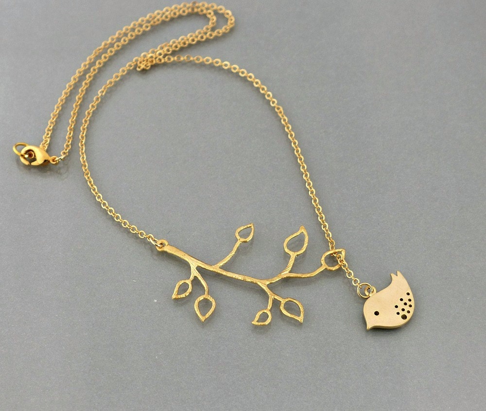 Bird Branch Necklace, Gold Lariat, tree branch dove charm, delicate everyday jewelry, holidays gift, by balance9