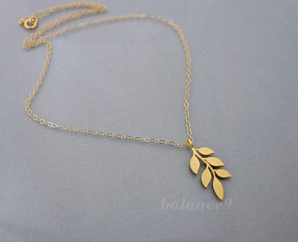 Gold Leaf Necklace, leafy branch, delicate charm pendant, 14k gold filled chain, everyday jewelry, wedding bridesmaid gift, by balance9