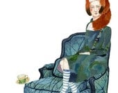 Fox Print Fox Hat Women perching on Armchair illustration 8x11
