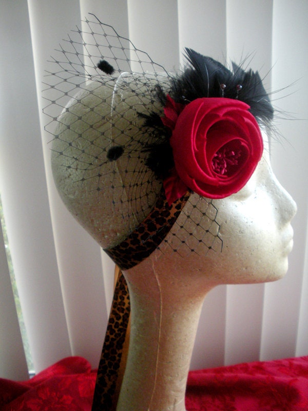 Leopard Print Ribbon, Red Rose Feather Headband and Sash