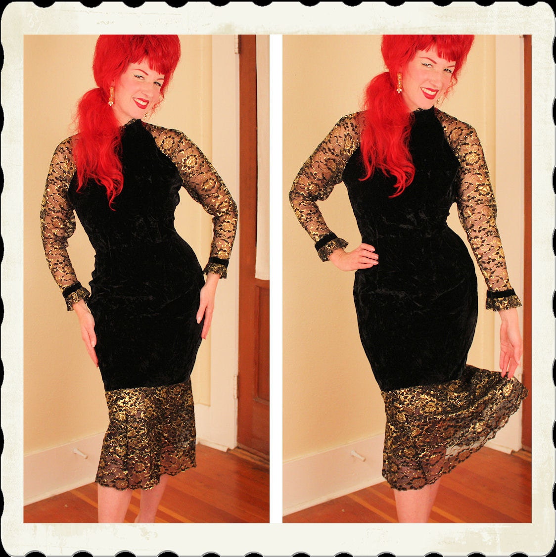 KILLER 1950's Inky Black Crushed Velvet Hourglass Cocktail Wiggle Dress w/ Sheer Black & Gold Lurex Lace Arms and Mermaid Hem - VLV - Size M