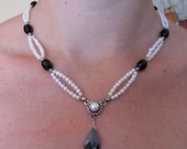 Sterling Silver Double Stranded Pearl - Onyx Beaded Necklace with CZ Drop for Women.  OOAK Sterling Silver Handmade Jewelry For Her on Etsy