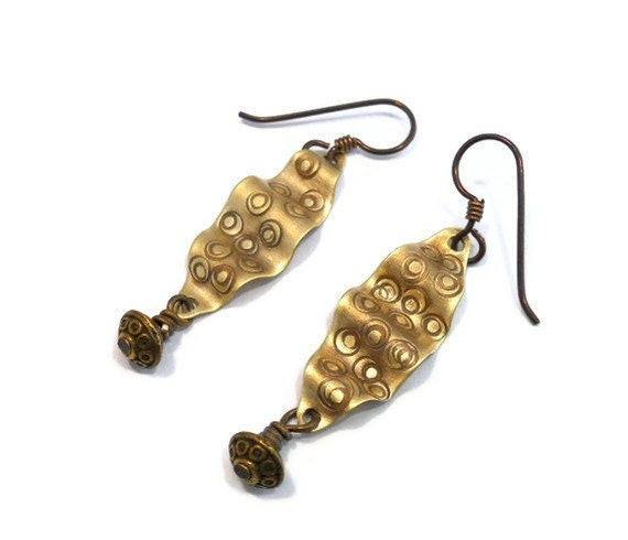 Metalwork Earrings Textured Brass Jewelry Rustic Primitive Tribal Long Dangle Wavy