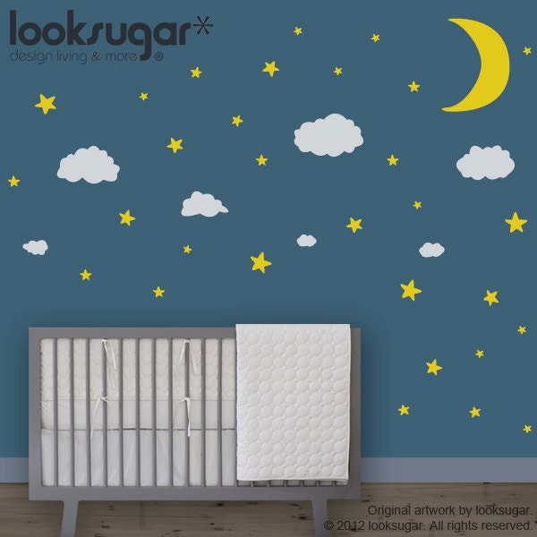 Baby Nursery Wall Decals - Moon Stars Clouds - Children Wall Stickers - 0086