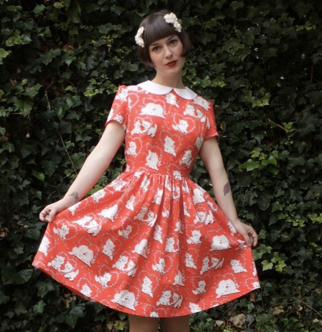 SALE - Kittens in Love dress with white peterpan collar size AU10