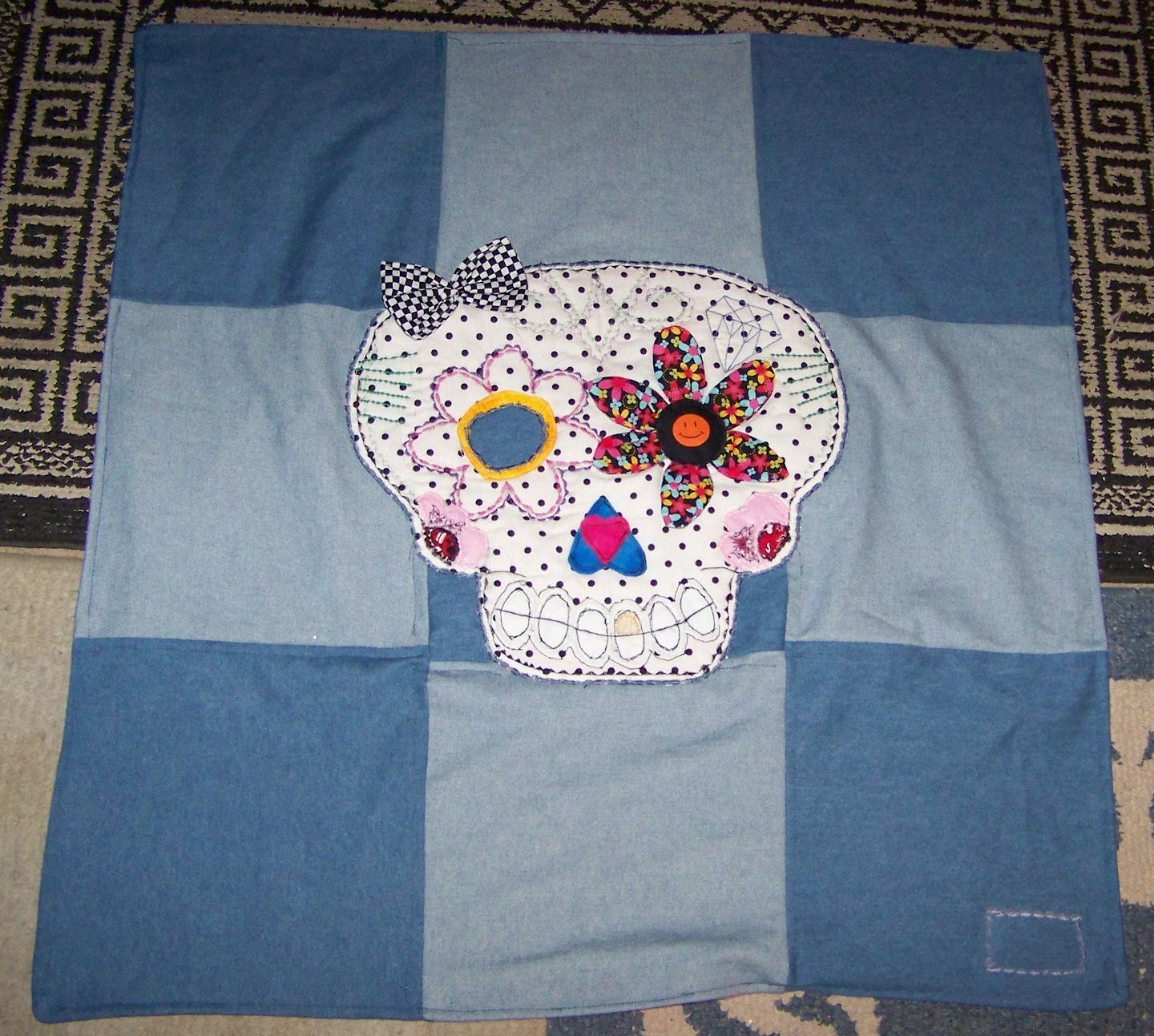 Day of the dead - Sugar skull - Fabric wall hanging - Denim - Creepy Cute - Whimsically Dark