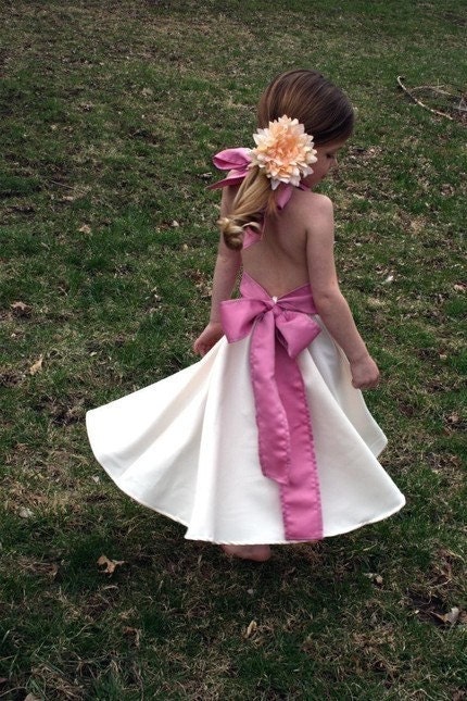 Girls Satin Flower Girl Dress w Sash--Halter Straps---Many Colors to Chose From