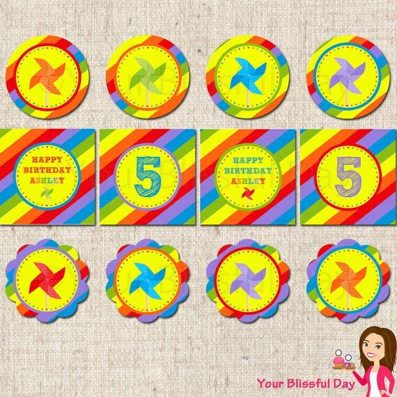 PRINTABLE Personalized Colorful Pinwheels Party Circles Il_570xn