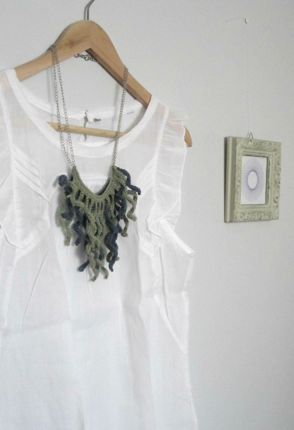 Crochet fringe necklace. Moss green and grey cotton tassels.