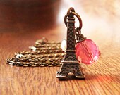 Eiffel Tower Necklace. Antiqued Brass necklace. Vintage inspired jewelry. Spring time in Paris. Czech Glass beads and Pearls.