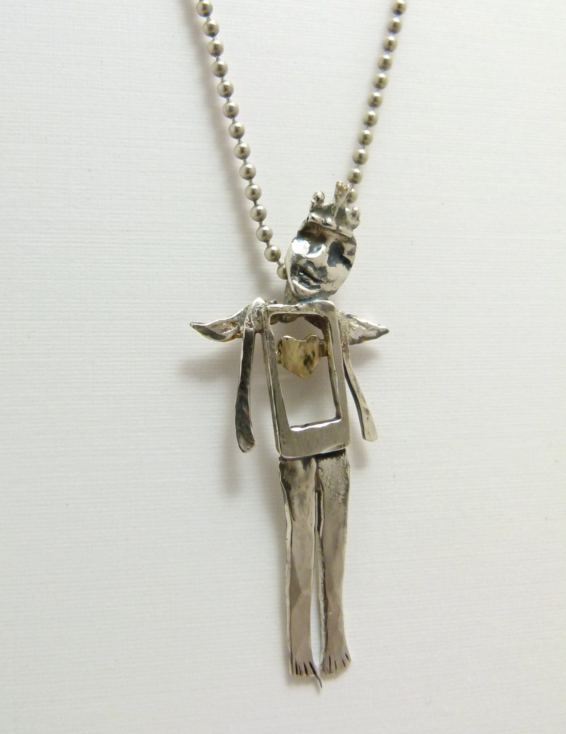 Angel Howard Has A Heart Of Gold - Up Cycled Sterling, Brass, and PMC - Art Jewelry Pendant - 451