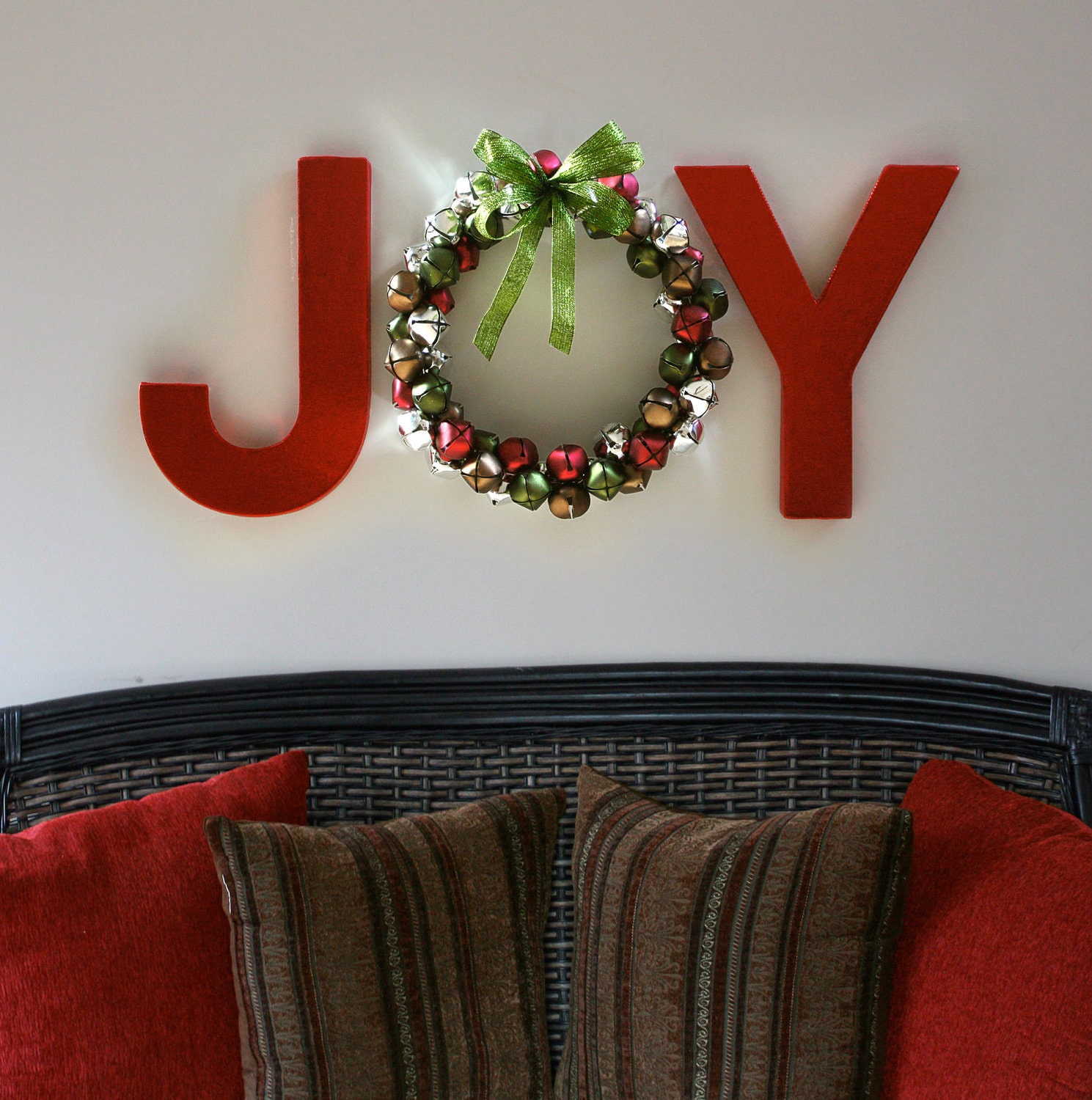 JOY Holiday Wall Letters with Jingle Bell Wreath O
