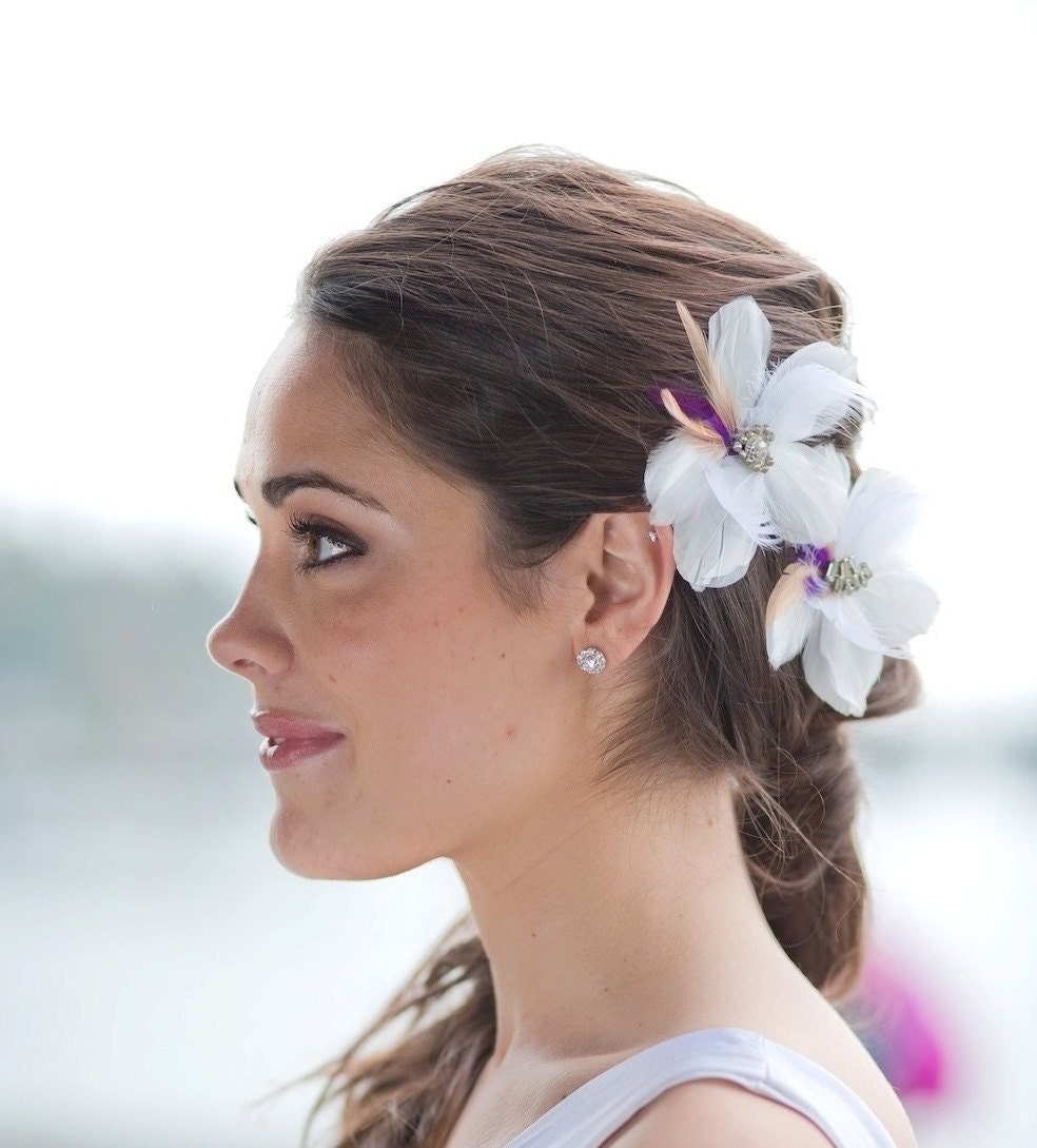Feather orchids, Bridal headpiece, White, Purple- The Double Kelly