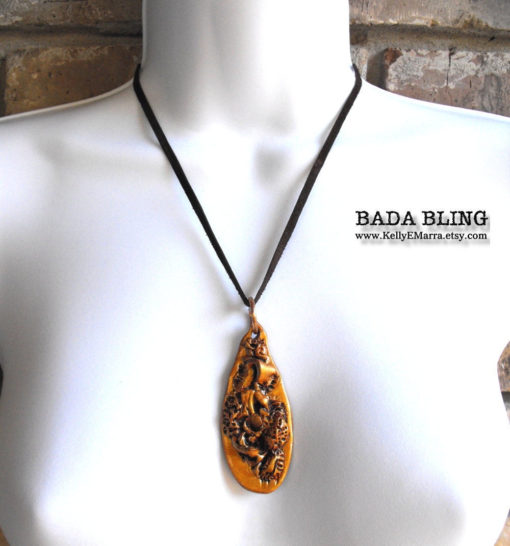 Abstract Golden Clay Pendant on Soft Chocolate Brown Leather Necklace - Unique Womens Jewelry, Unusual Pendant, One of a Kind, Sexy
